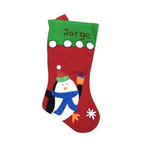 RED/GREEN PINGUINE CHRISTMAS STOCKING "JORGE" EMBELLISHED ON TOP SIZE-16"